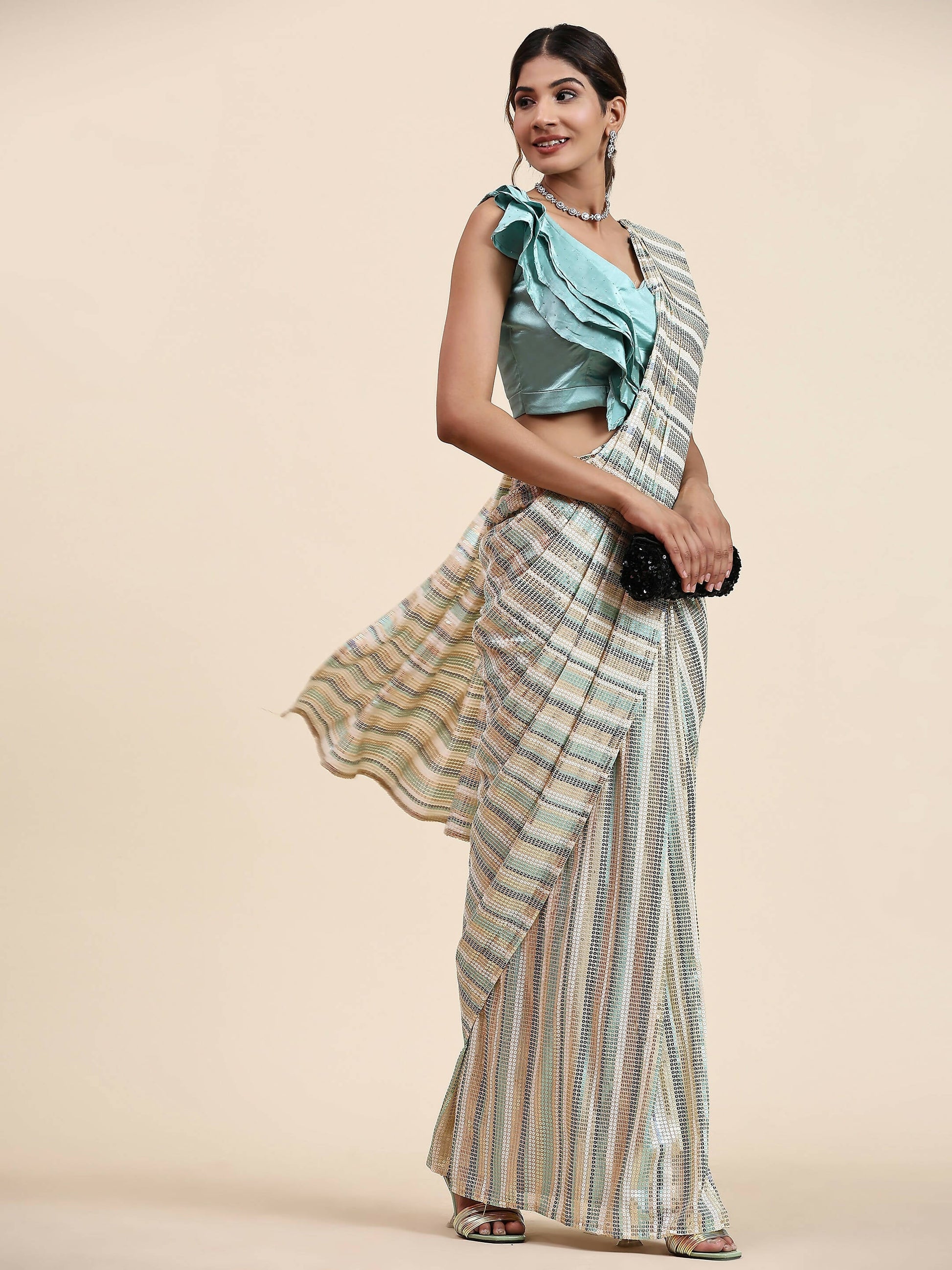 Sky Blue Pure Georgette Sequence work Ready to wear Saree with stitched Blouse - Satiksha | Swadesiicart