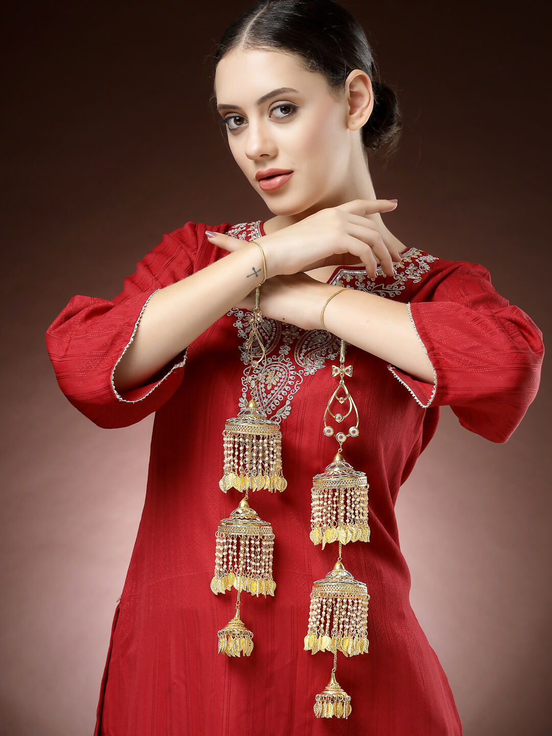 NVR Women's Pack Of 2 Gold-Polished & White Pearl Mirror Work Bridal Layered Kaleera Sets - Swadesiicart