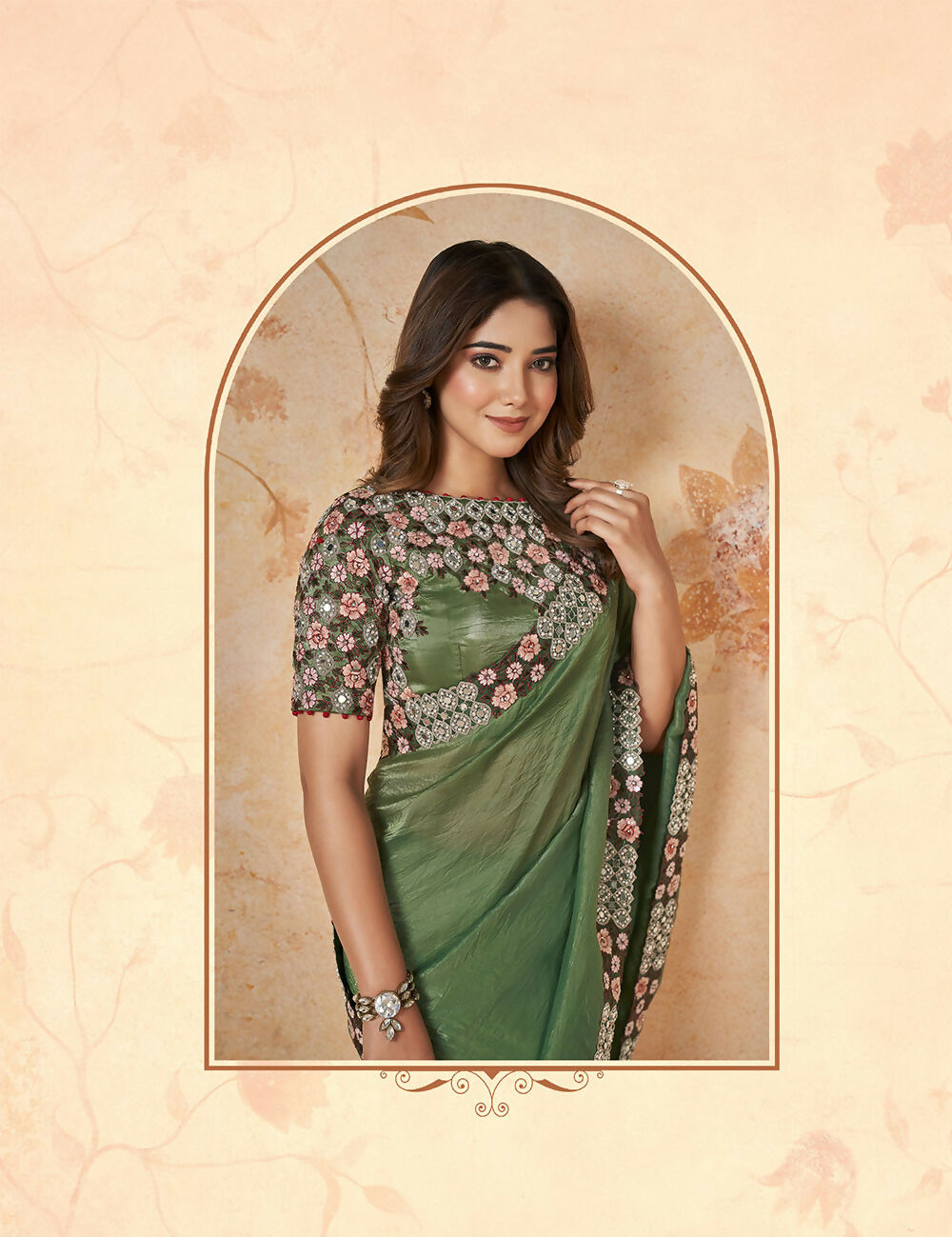 Green Banarasi Crush Silk Thread, Sequence, Cord Embroidered with Stone & Mirror Work Saree - Mohmanthan Dakshika | Swadesiicart