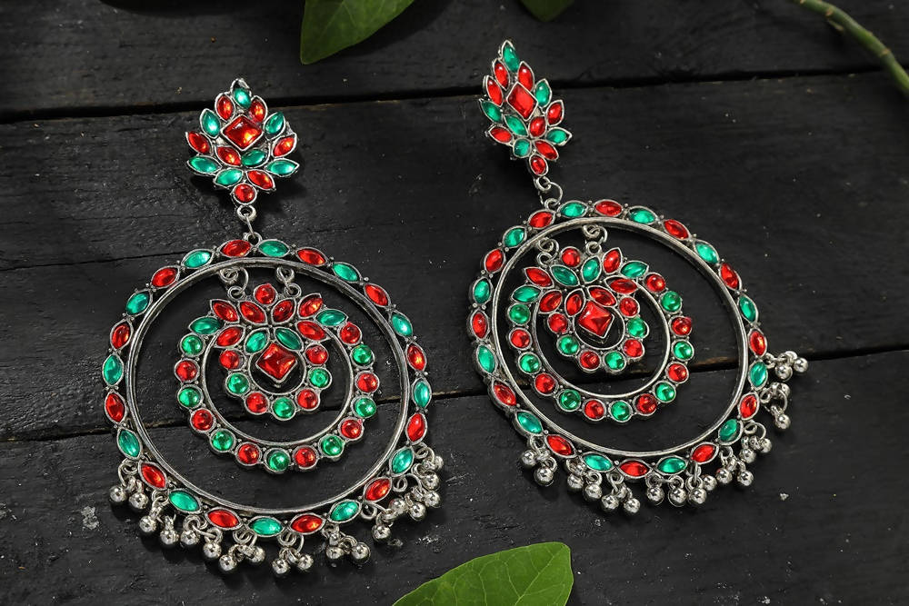 Mominos Fashion Johar Kamal Women's Red & Green Kundan Circles Earrings - Swadesiicart