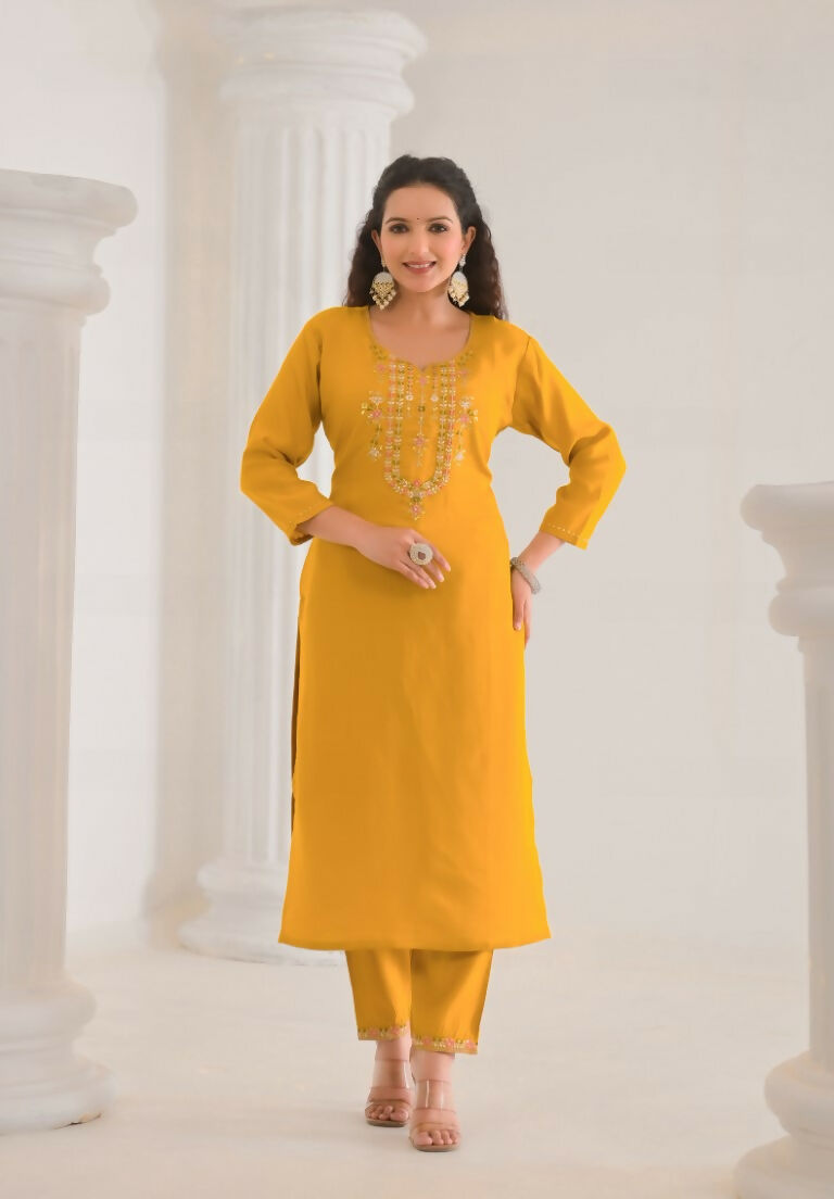 Ethnic Festive Wear Viscose Chanderi Yellow Stitched Suit With Dupatta - Tanisha | Swadesiicart