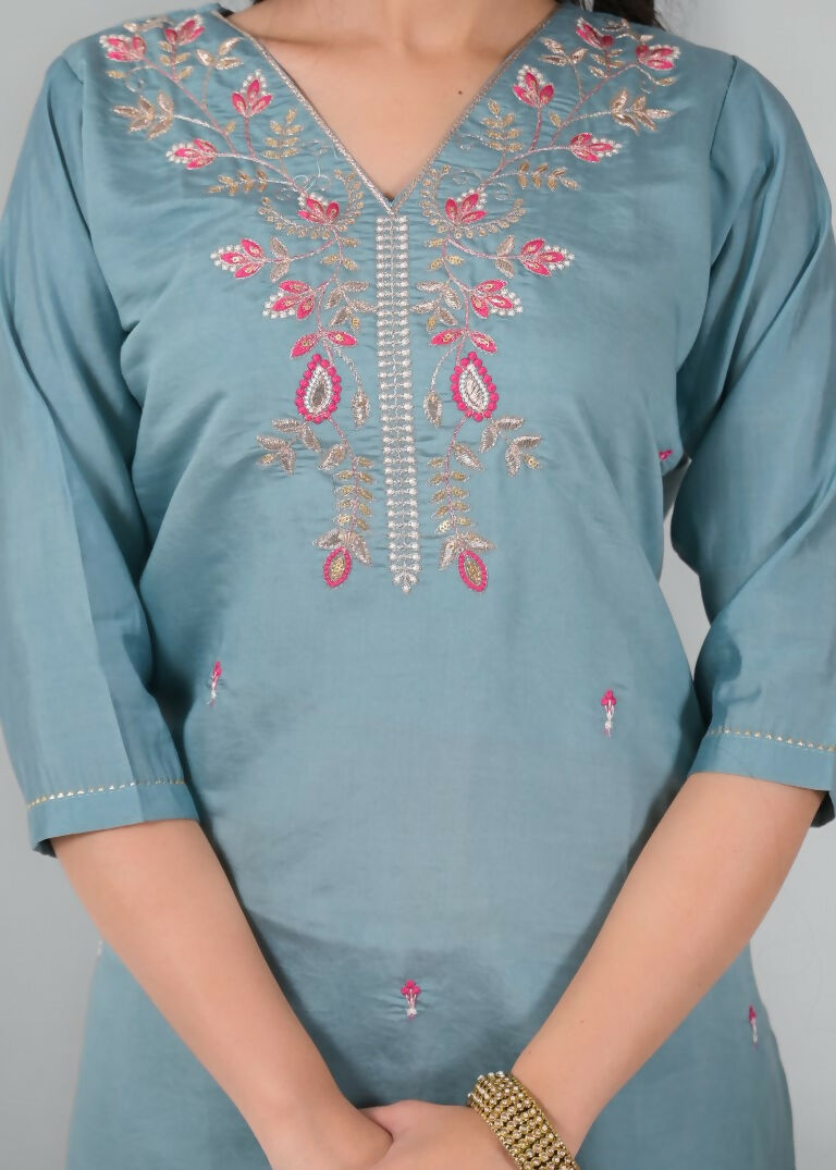 Ethnic Festive Wear Chanderi Viscose Sky Stitched Suit With Dupatta - Tanisha | Swadesiicart