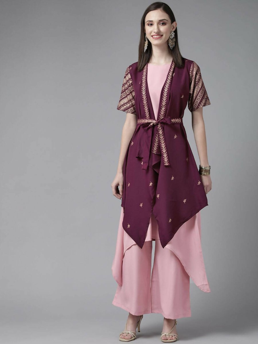 Ahalyaa Women Rose Pink Crepe Kurta Palazzos Set With Burgundy Jacket | Swadesiicart