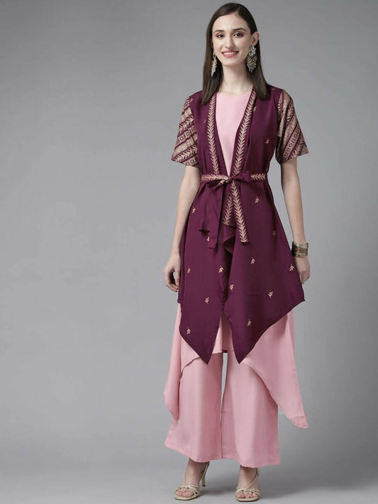 Ahalyaa Women Rose Pink Crepe Kurta Palazzos Set With Burgundy Jacket | Swadesiicart