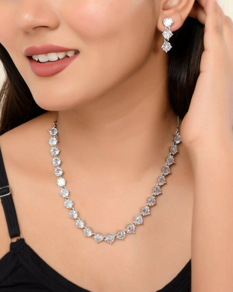VOJ Silver Plated AD Studded Choker Jewellery Set | Swadesiicart