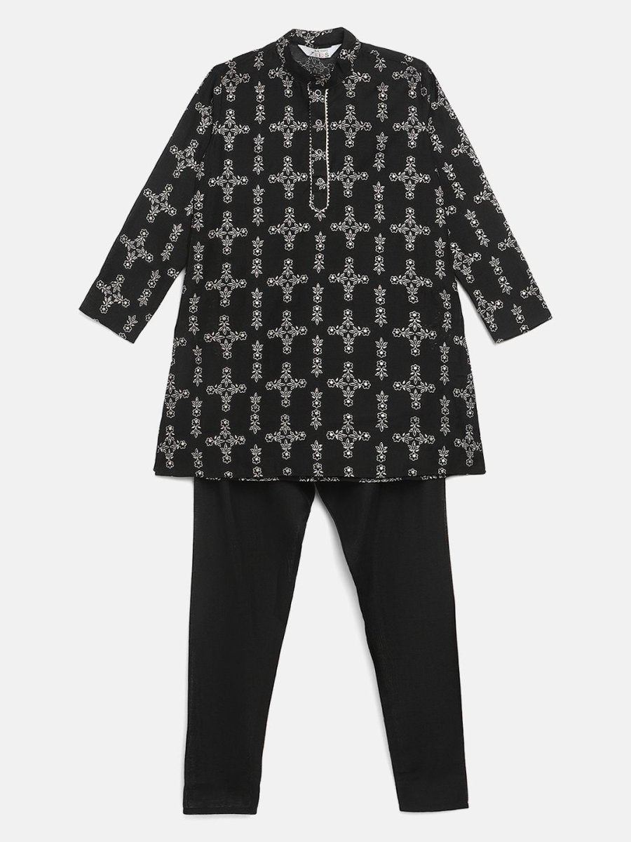 Ahalyaa Boys Black Chanderi Gold Printed Kids Kurta Churidar Set | Swadesiicart