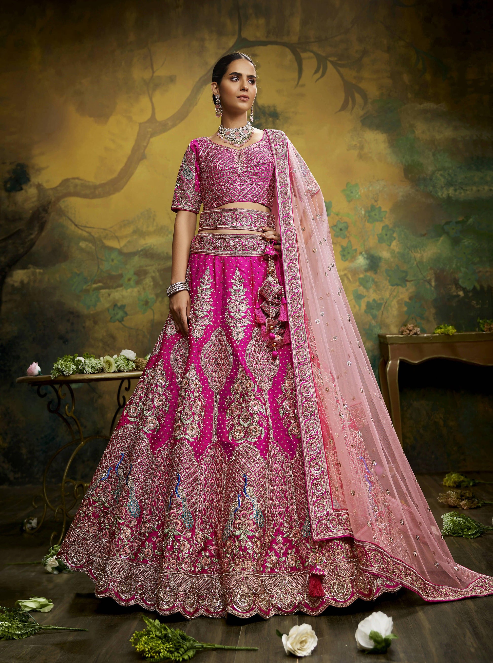 House of Panchhi Pink Pure Silk Moti & Zarkan heavy embroidery Lehenga choli & Dupatta | Swadesiicart