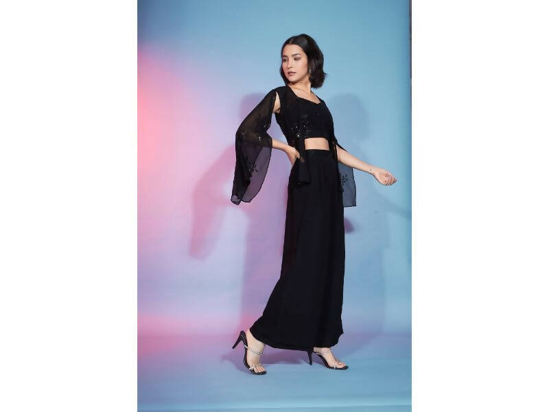 Black Georgette Sequence With Thread Designer Co-Ord Set - Flory - Swadesiicart