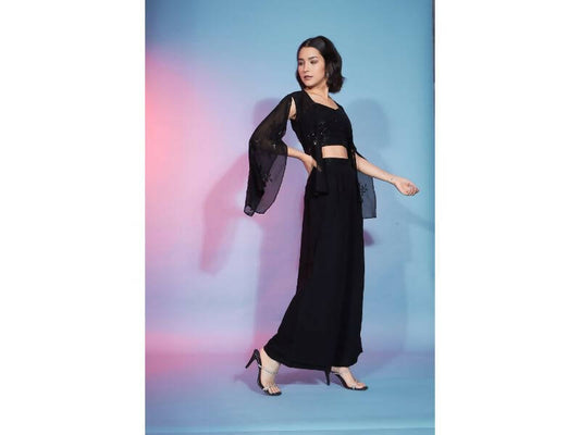 Black Georgette Sequence With Thread Designer Co-Ord Set - Flory - Swadesiicart