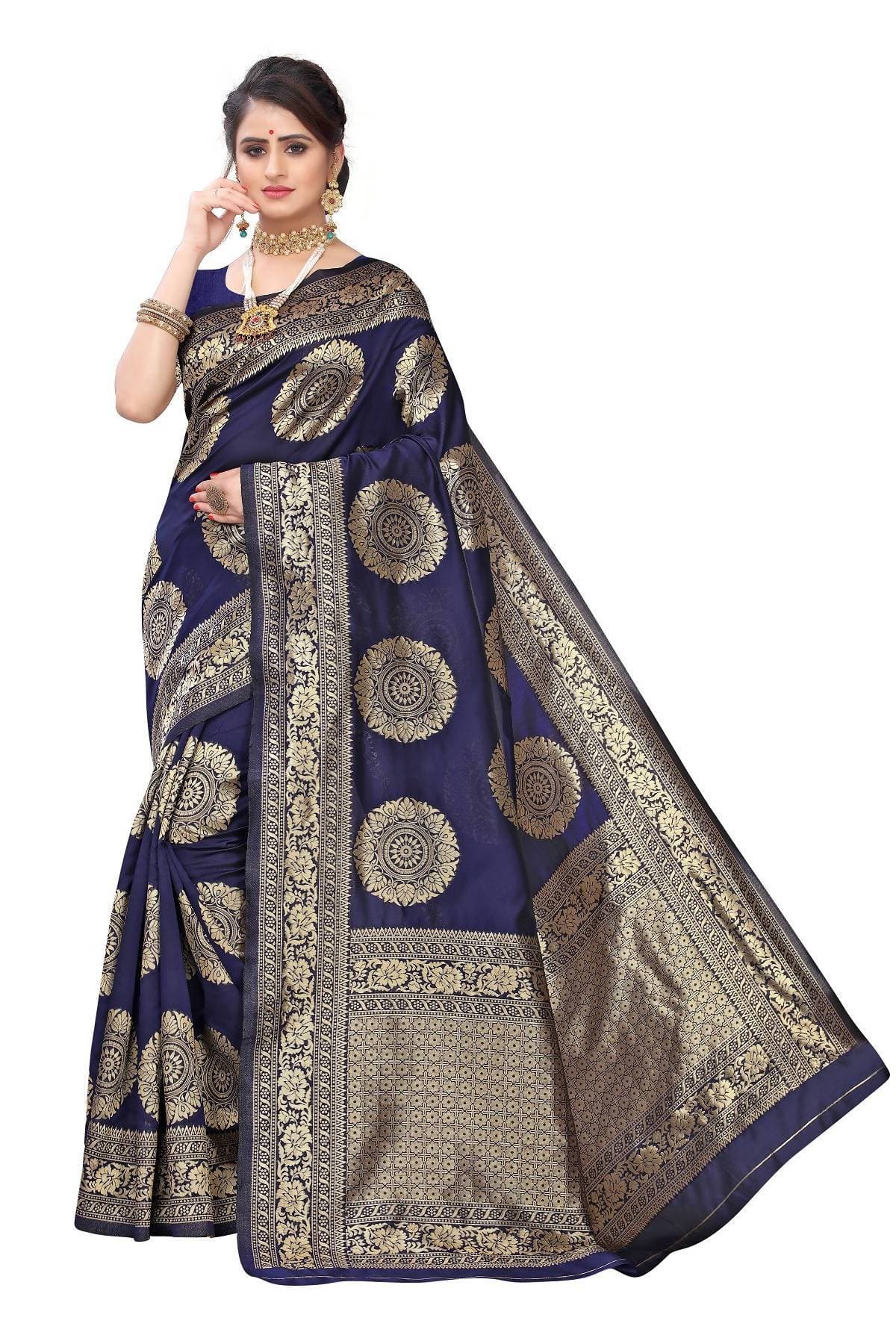 Vamika Traditional Banarasi Jacquard Weaving Navy Blue Saree | Swadesiicart