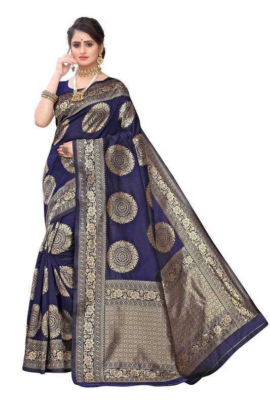 Vamika Traditional Banarasi Jacquard Weaving Navy Blue Saree | Swadesiicart