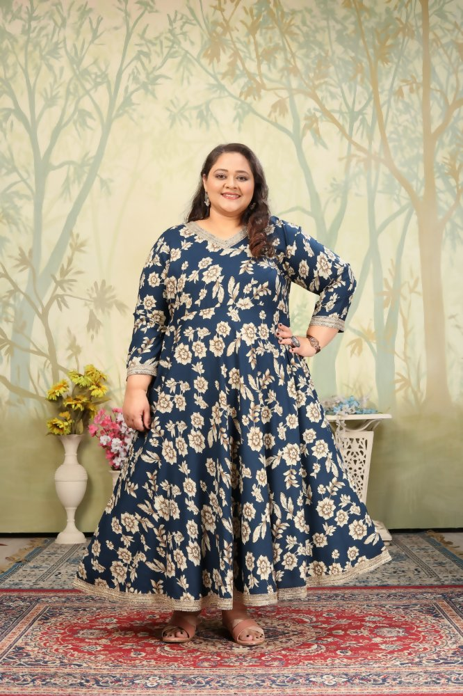 Jyoti Fashion Women's Navy Blue Rayon Floral Print with Sequins Designer Anarkali Set | Swadesiicart