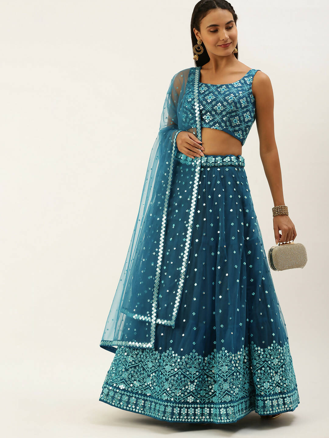 House of Panchhi Teal Net Sequinse Work Lehenga & Blouse, Dupatta | Swadesiicart