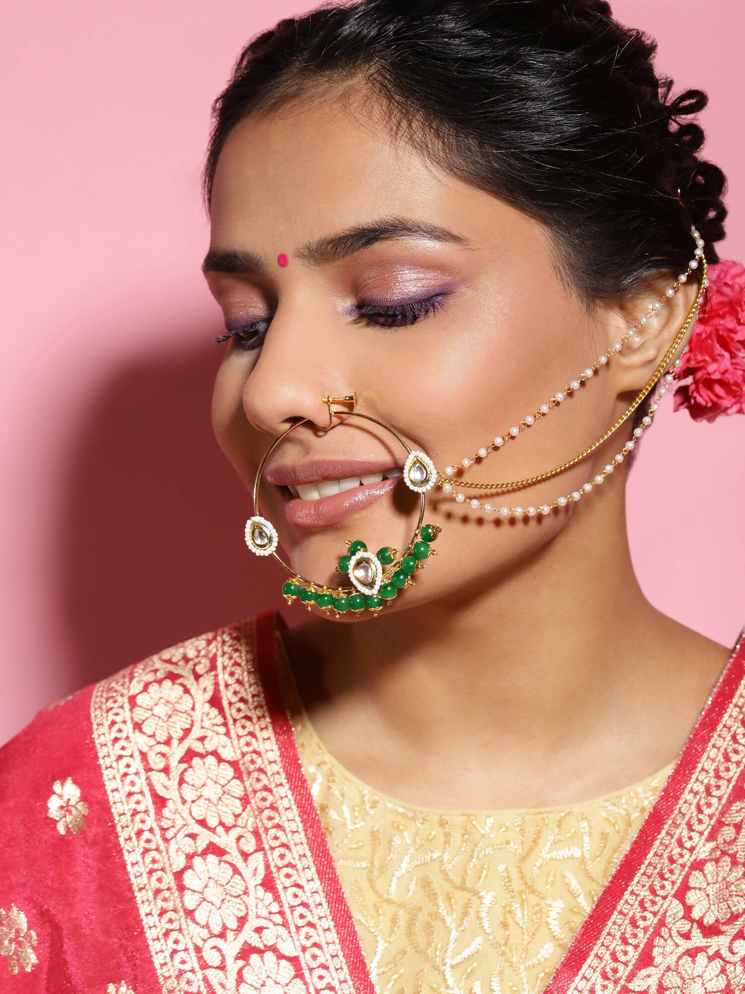 Gold-Polished White Green Kundan-Studded Pearl Beaded Nosepin - Ruby Raang | Swadesiicart