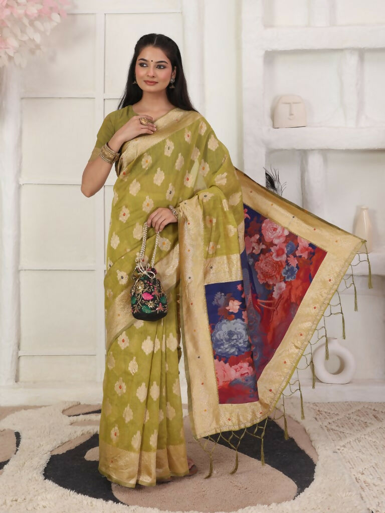 Shree Shyam Fashion Linen Cotton Mhendi Green Saree