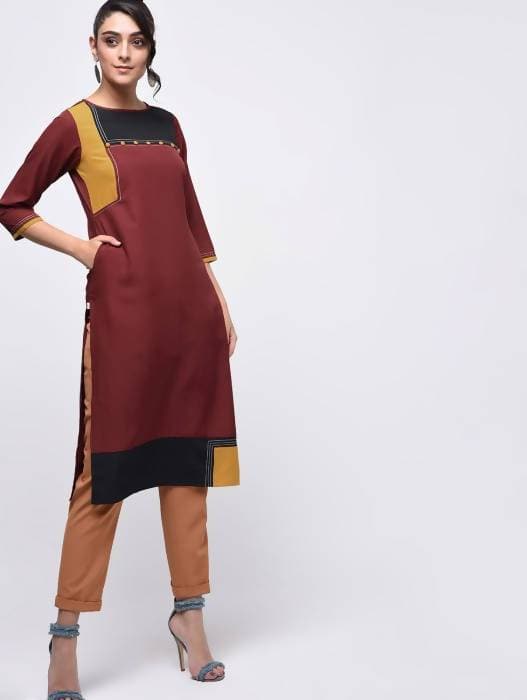 Aniyah Crepe Color Block Straight Brown Kurta (AN-139K) - Swadesiicart