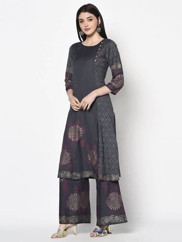 Aniyah Rayon Dark Grey Color Block Print Straight Kurta (AN-203K) - Swadesiicart