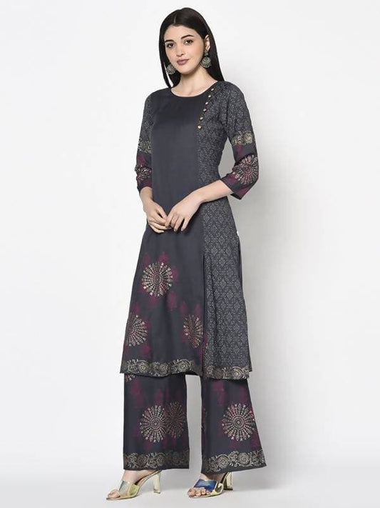 Aniyah Rayon Dark Grey Color Block Print Straight Kurta (AN-203K) - Swadesiicart