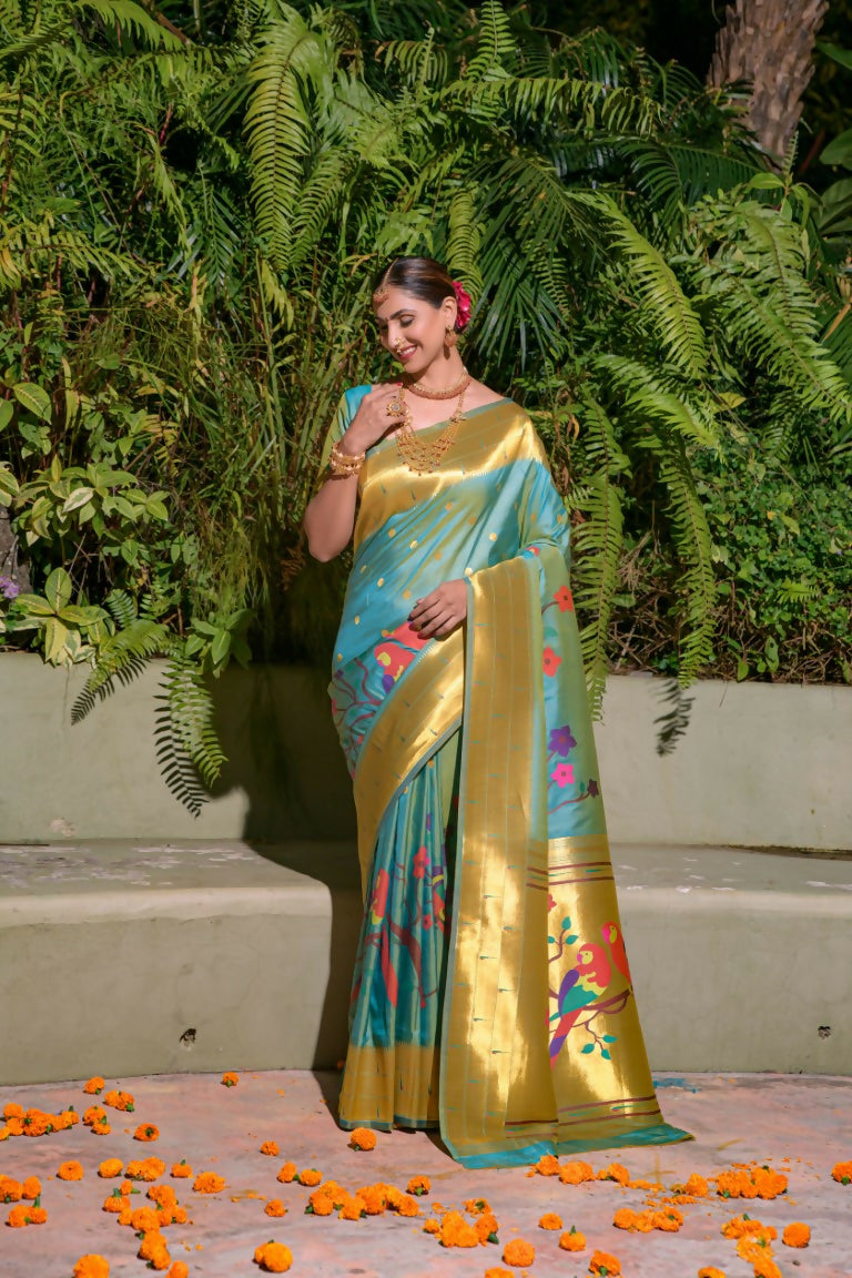 Jyoti Fashion Women's Firozi Paithani Silk Zari Woven Saree with Blouse | Swadesiicart