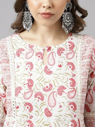 FIORRA Women's White Cotton A-line Kurta with Palazzo - Swadesiicart