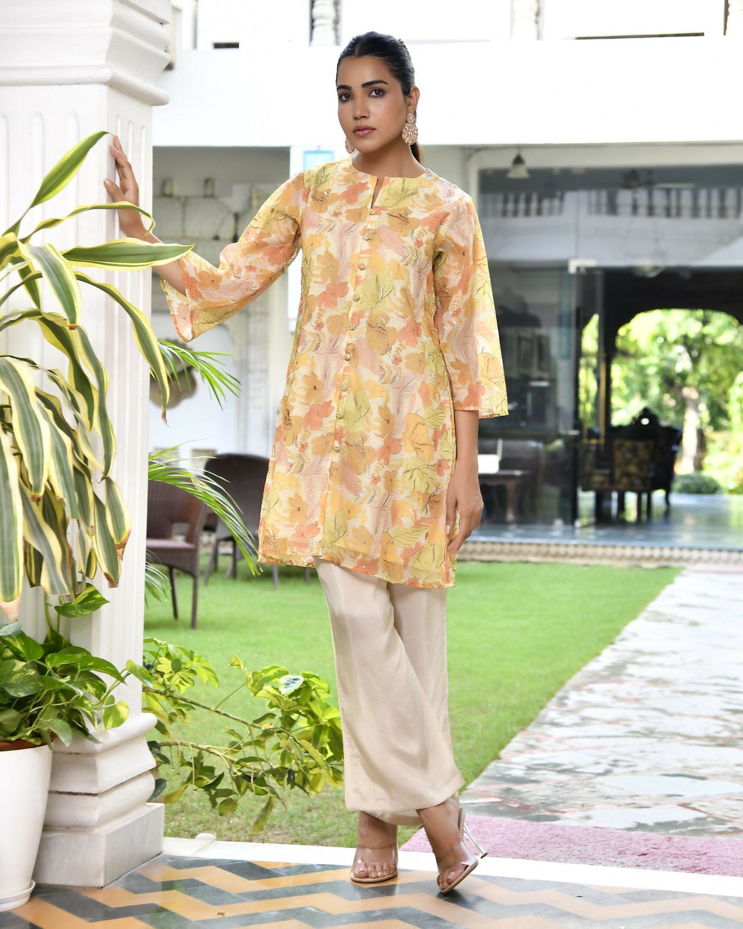 Vaasva Women's Lemon Yellow Organza Digital Printed Cord Set - Swadesiicart