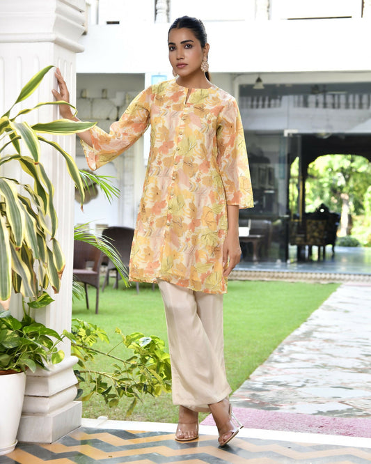 Vaasva Women's Lemon Yellow Organza Digital Printed Cord Set - Swadesiicart