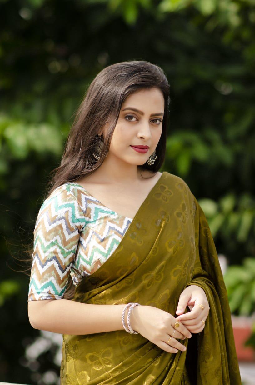 Mehndi Silk Blend Ethnic Motifs Saree with Unstitched Blouse - Hiral Fashion | Swadesiicart