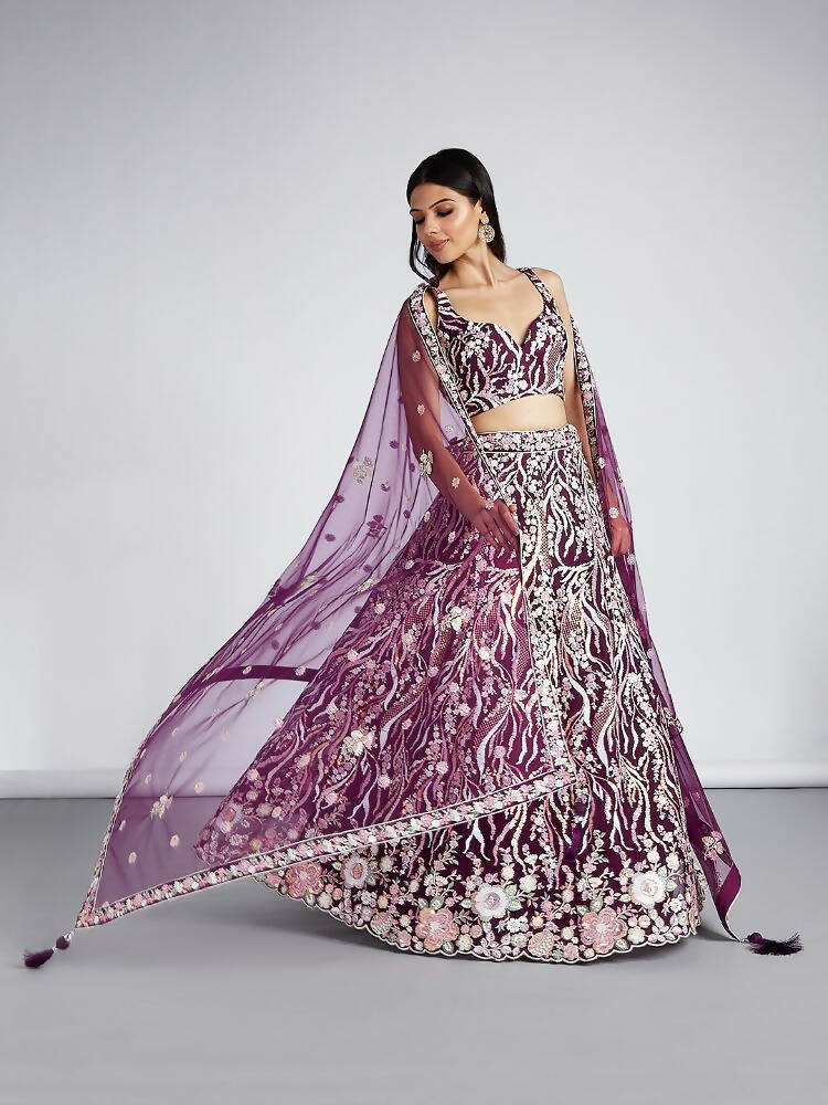 House of Panchhi Burgundy Net Sequins And Thread Embroidery Lehenga Choli & Dupatta | Swadesiicart