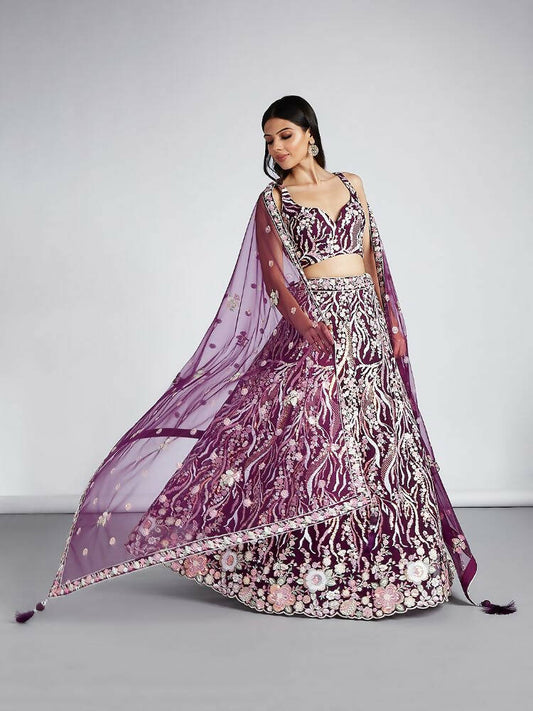 House of Panchhi Burgundy Net Sequins And Thread Embroidery Lehenga Choli & Dupatta | Swadesiicart