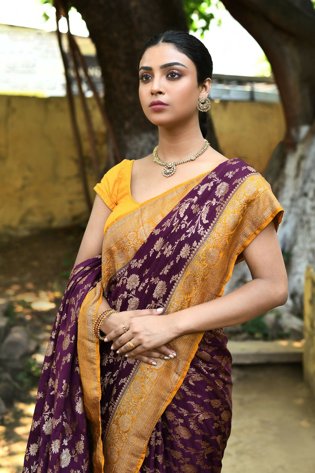 Joban Fashion Purple Crepe Chiffon Pure Handloom Banarasi Silk Saree | Swadesiicart
