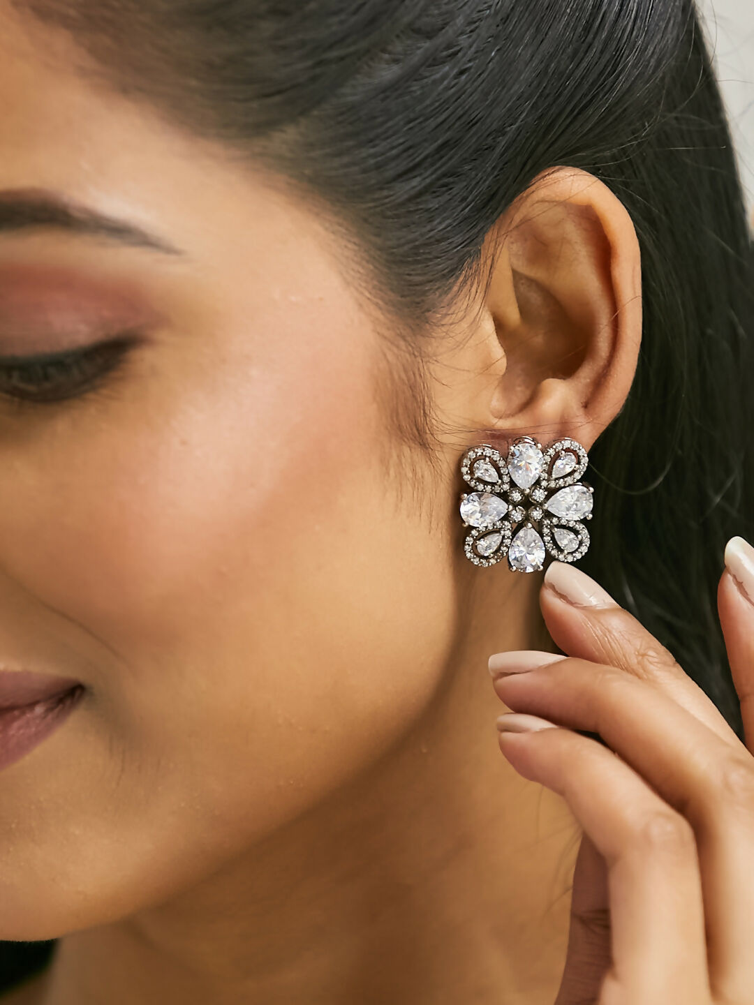 Nuyug 22K Gold-Plated Crystal & Zircon Stone Studded Floral Studs | Swadesiicart