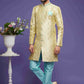 Raivat Ethnic Banarasi Jacquard Embroidery Semi Indo Western Sherwani In Gold Colour | Swadesiicart