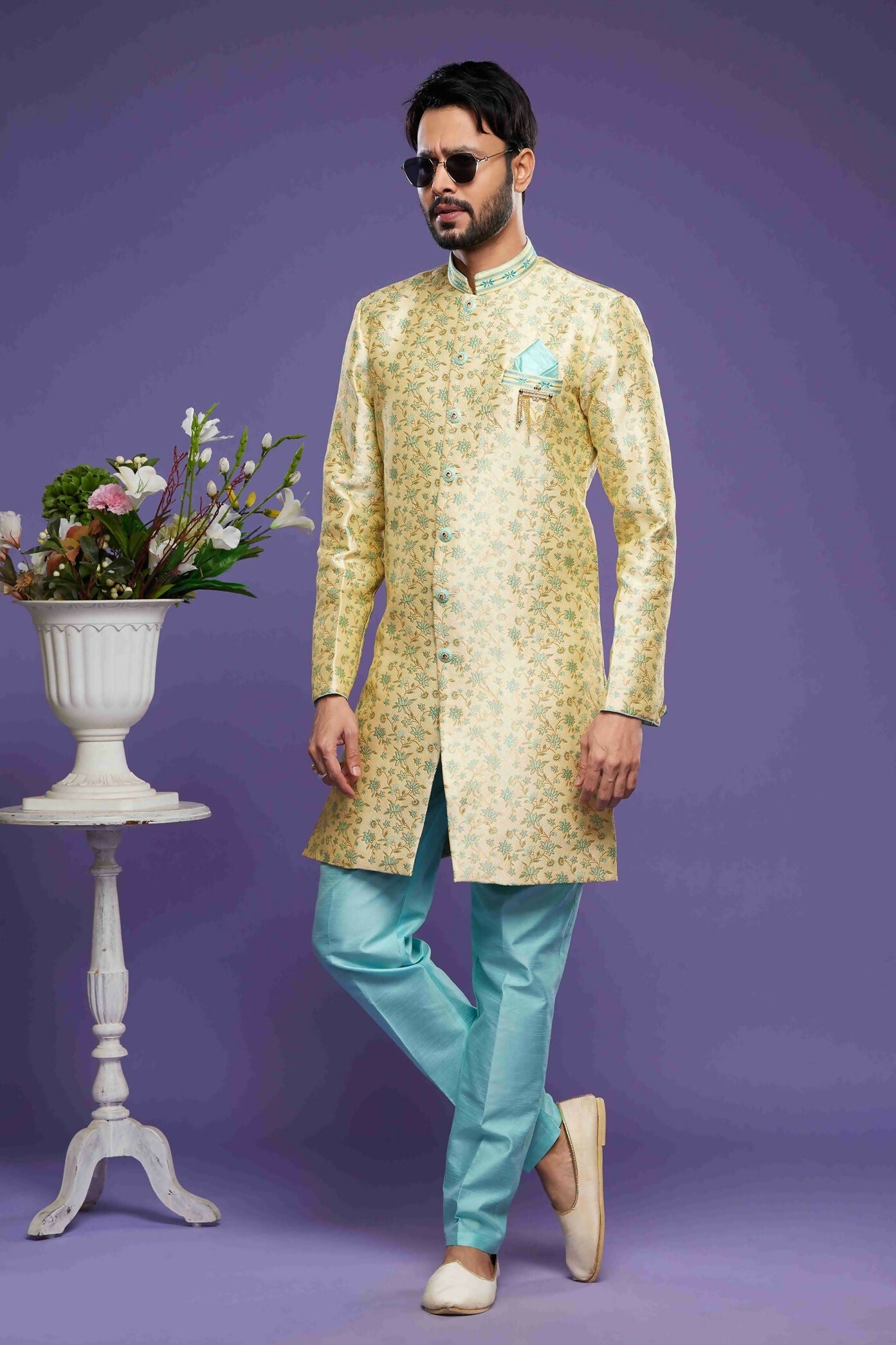 Raivat Ethnic Banarasi Jacquard Embroidery Semi Indo Western Sherwani In Gold Colour | Swadesiicart