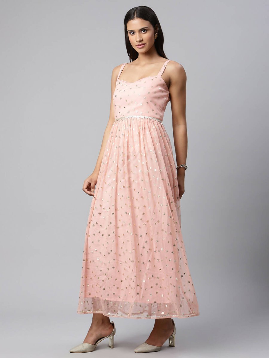 Ahalyaa Women Pink Net Gold Foil Print Dress | Swadesiicart