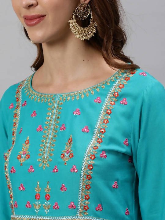 Anubhutee Blue Floral Embroidered Empire Sequinned Kurta with Skirt | Swadesiicart