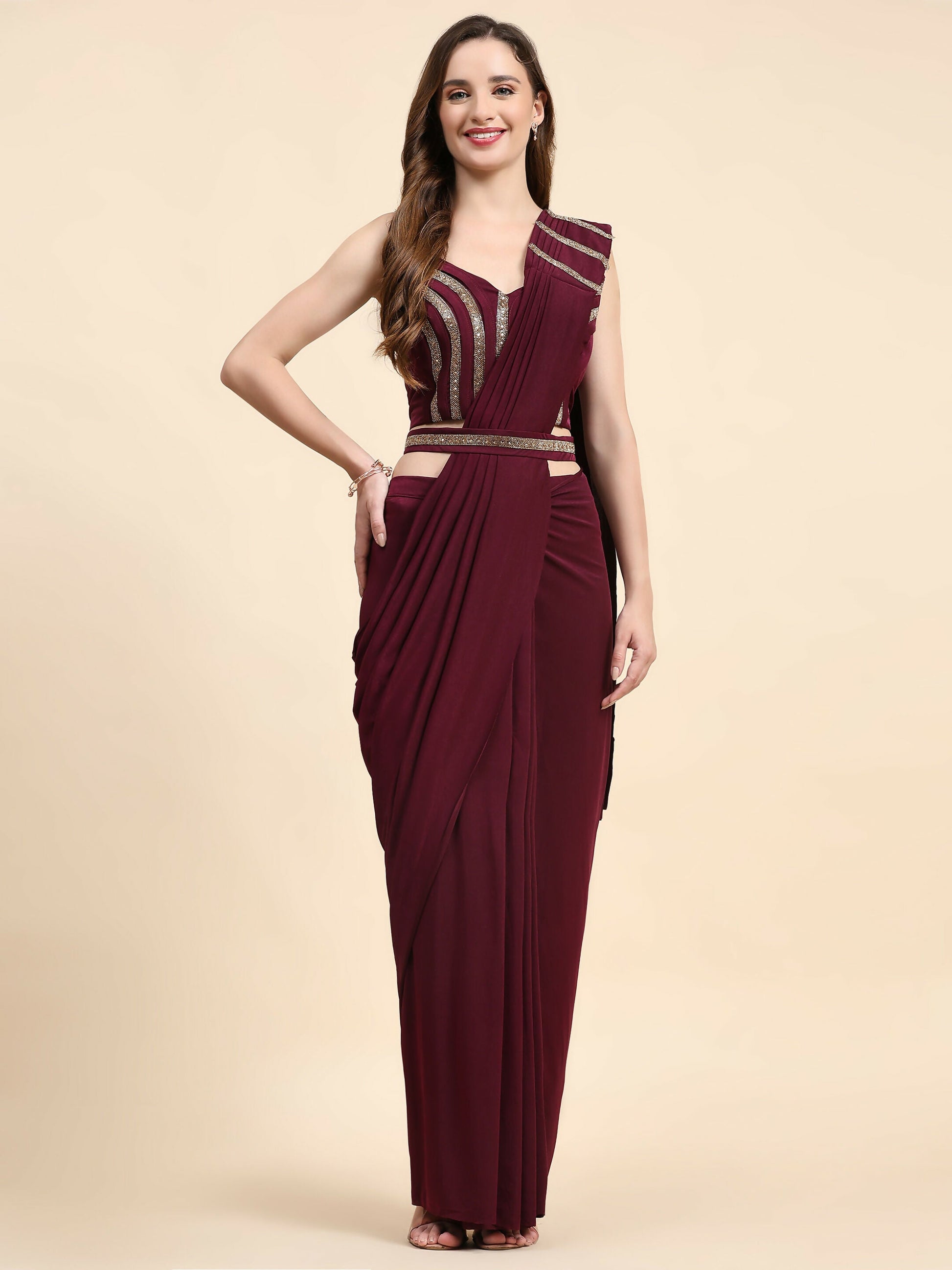 Maroon Polyester Solid Ready to Wear Saree with stitched Blouse - Nita | Swadesiicart