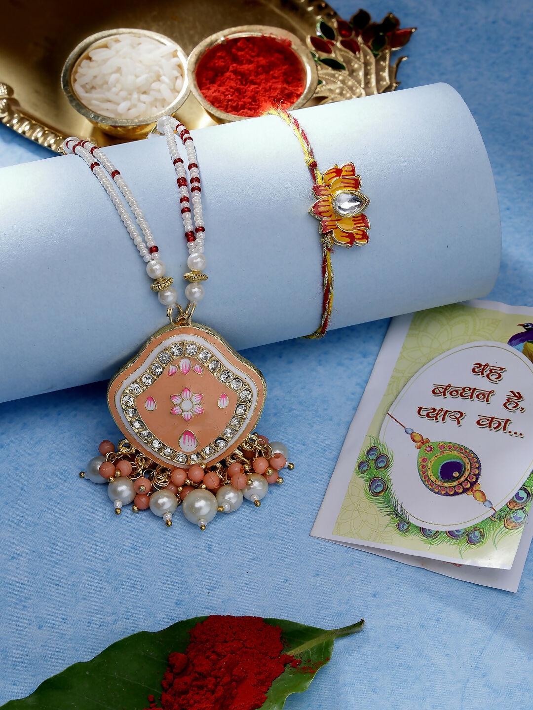 NVR Women & Men Set of 2 Peach Lotus Shape Kundan Stone-Studded & Beaded Bhaiya Bhabhi Rakhi With Roli Chawal | Swadesiicart