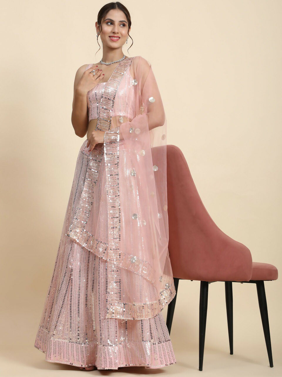 Jyoti Fashion Premium Pink Faux Georgette 3MM & 7MM Sequins Embroidery Lehenga Choli with Dupatta | Swadesiicart