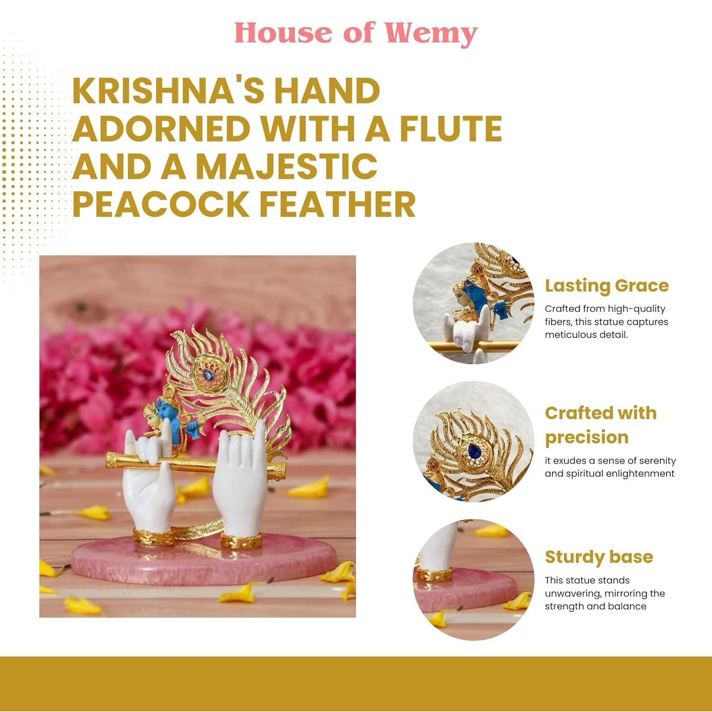House Of Wemy Gold-Polished Lord Krishna Hands Idol with Flute, Face and Pecock Feather - Swadesiicart