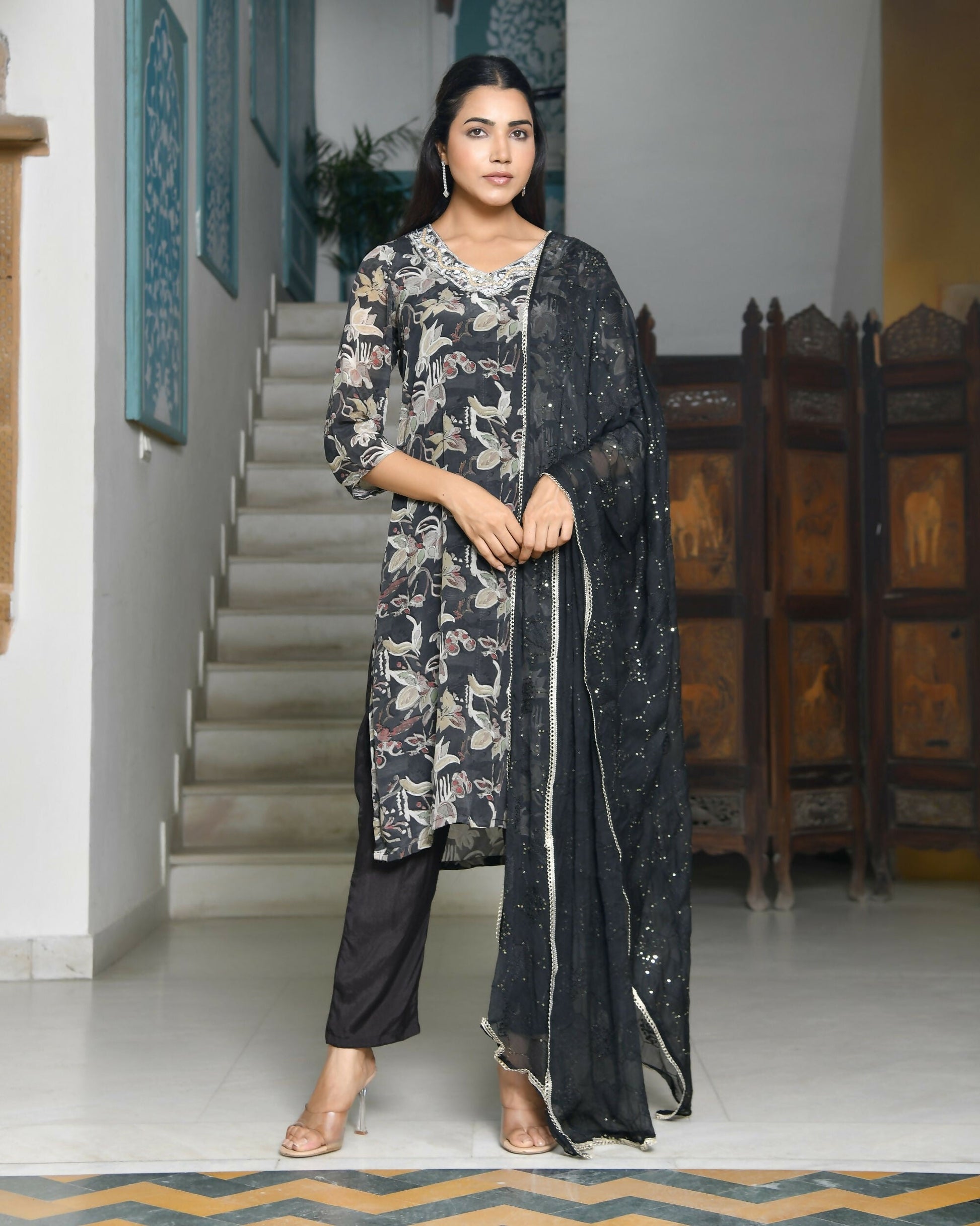 Vaasva Women's Black Crepe Embroidered Suit Set | Swadesiicart
