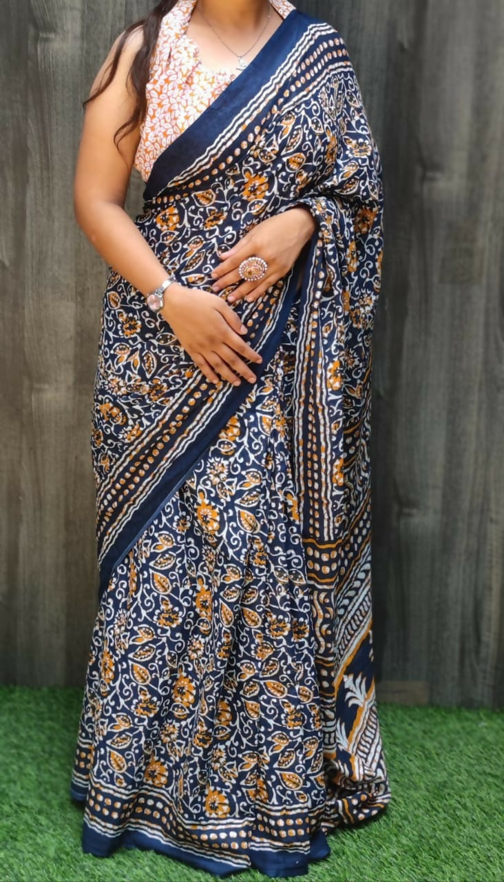 Exclusive Collection Blue Beautiful Mulmul Cotton Saree - Swadesiicart