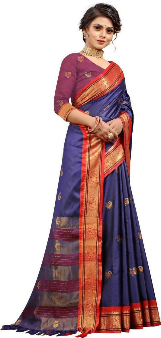 DEIANA'S Beautiful Designer Golden zari Soft Lichi Silk Saree - Purple - Swadesiicart