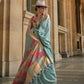 Sky Bluesoft Handloom Sik Zari & Thread Work, Contrast Pallu Saree - Rajtex Kube Silk - Swadesiicart