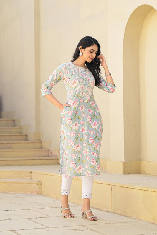 Juniper Green Floral Printed Cotton Kurta With Thread Work & Buttons - Swadesiicart