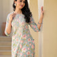 Juniper Women's Green Floral Printed Cotton Kurta With Thread Work & Buttons - Swadesiicart