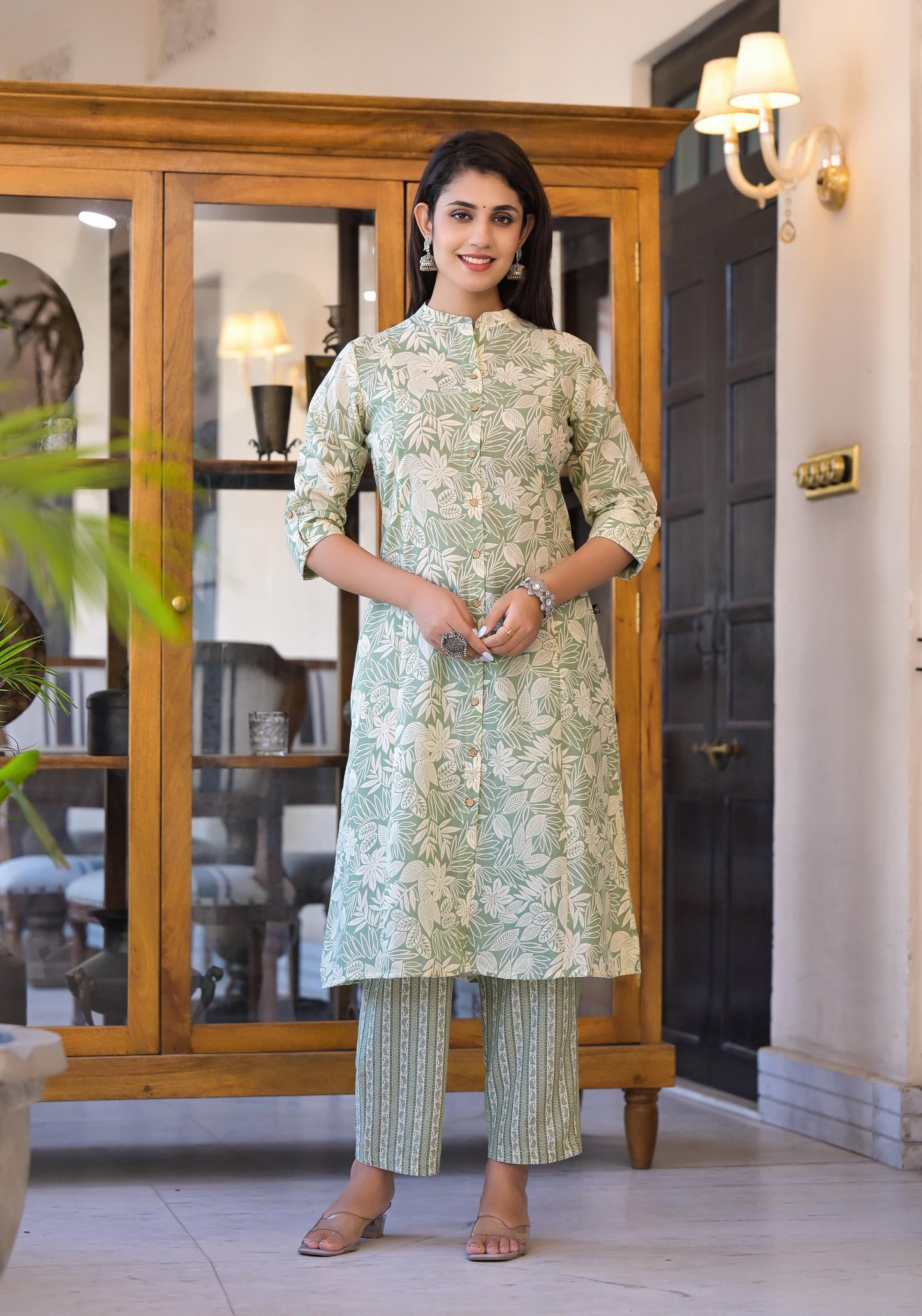 Juniper Sage Green Floral Printed Straight Kurta Set - Swadesiicart