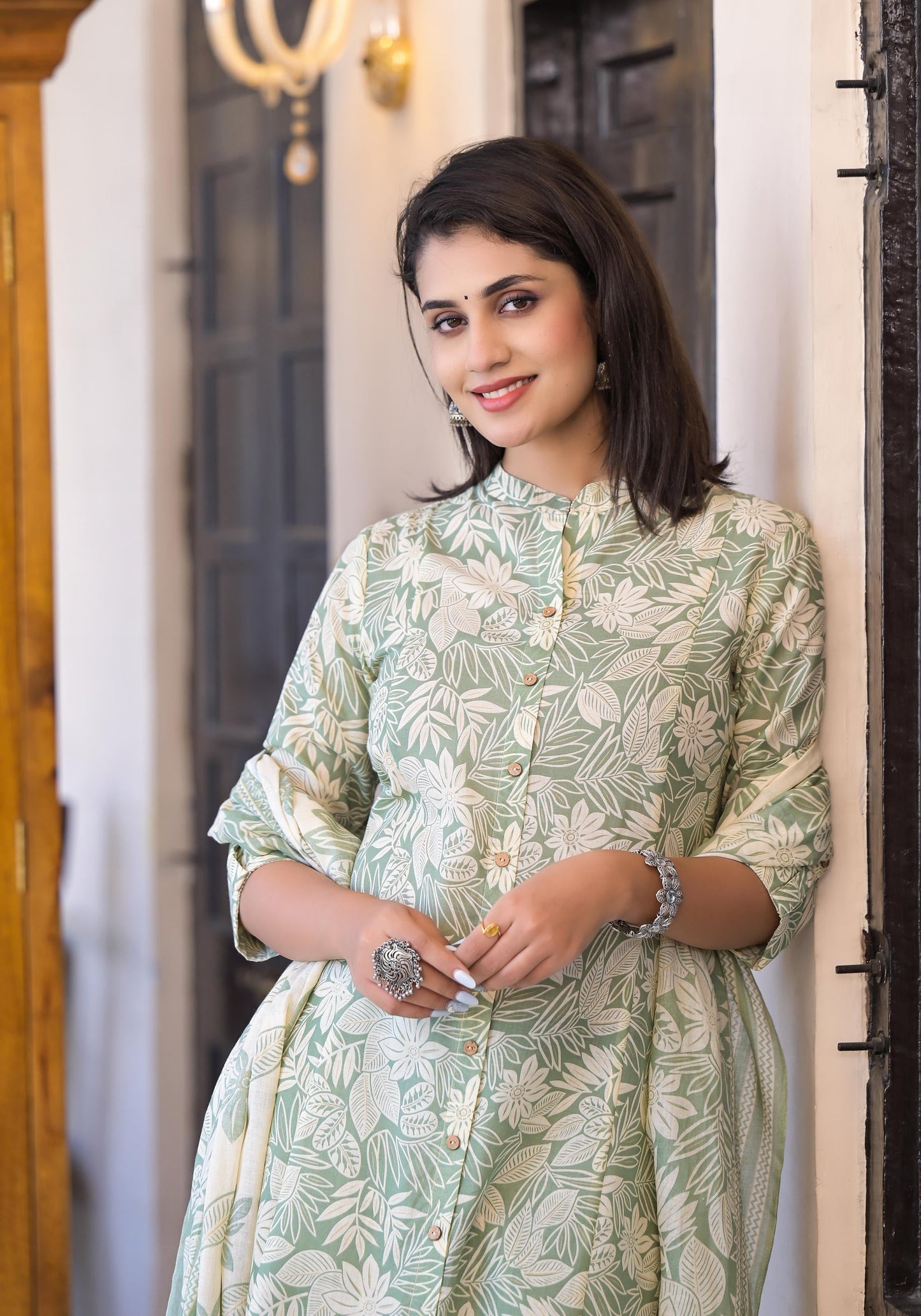 Juniper Sage Green Floral Printed Straight Kurta Set - Swadesiicart