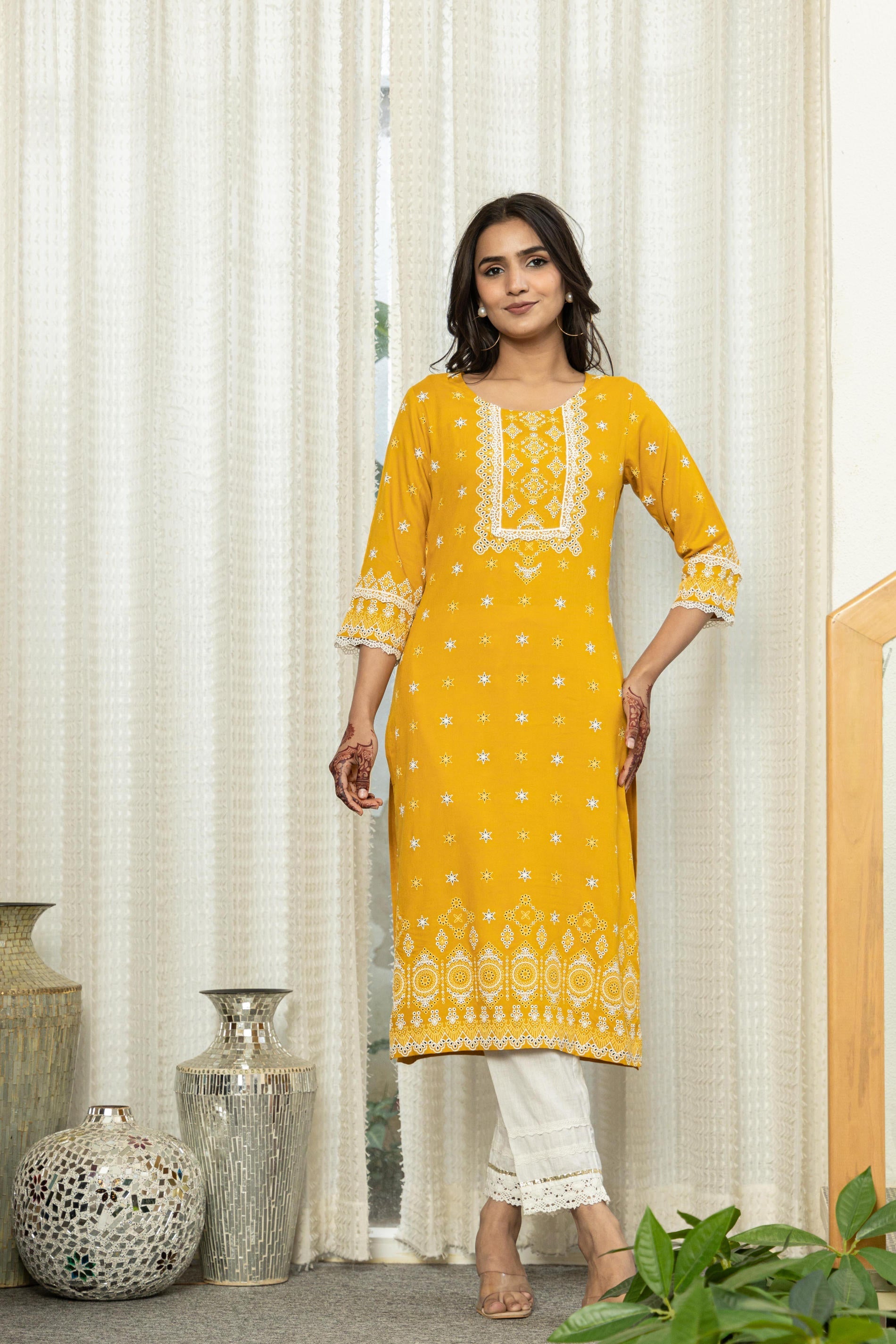 Juniper Mustard Ethnic Motif Printed Viscose Kurta With Lace - Swadesiicart