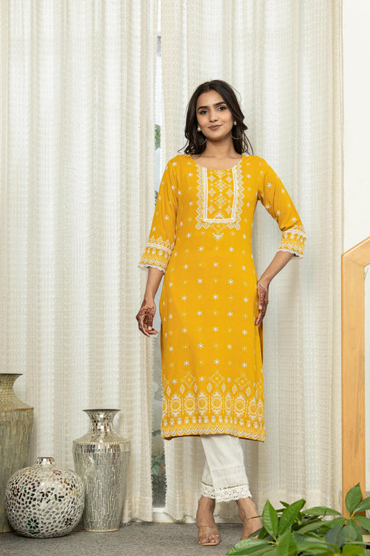 Juniper Mustard Ethnic Motif Printed Viscose Kurta With Lace - Swadesiicart