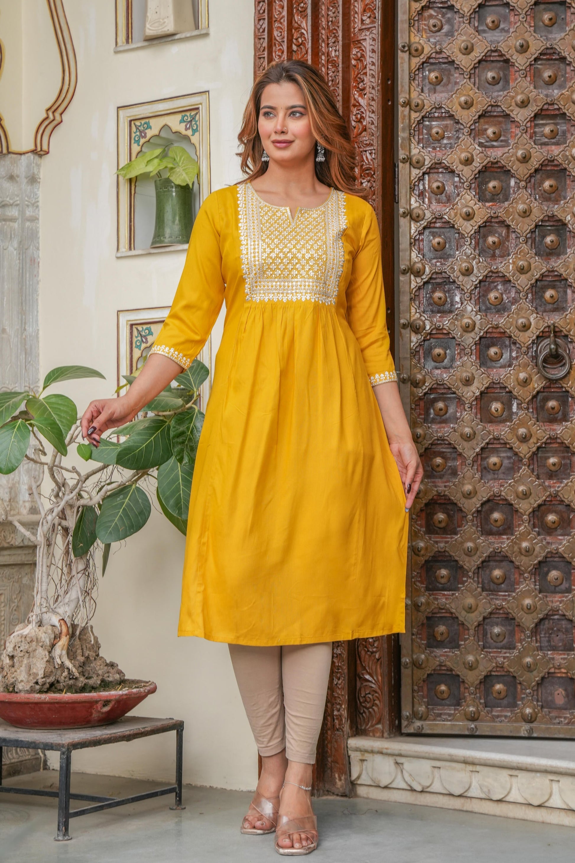 Juniper Mustard Viscose Embroidered Kurta With Thread Work And Sequins - Swadesiicart